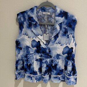 NEW Cupio Blue and White Floral Peplum Blouse Sleeveless Size M